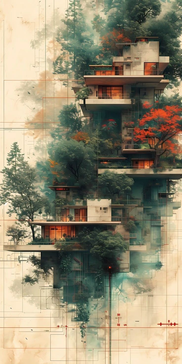 Stacked architecture rising from blueprint linework amid trees