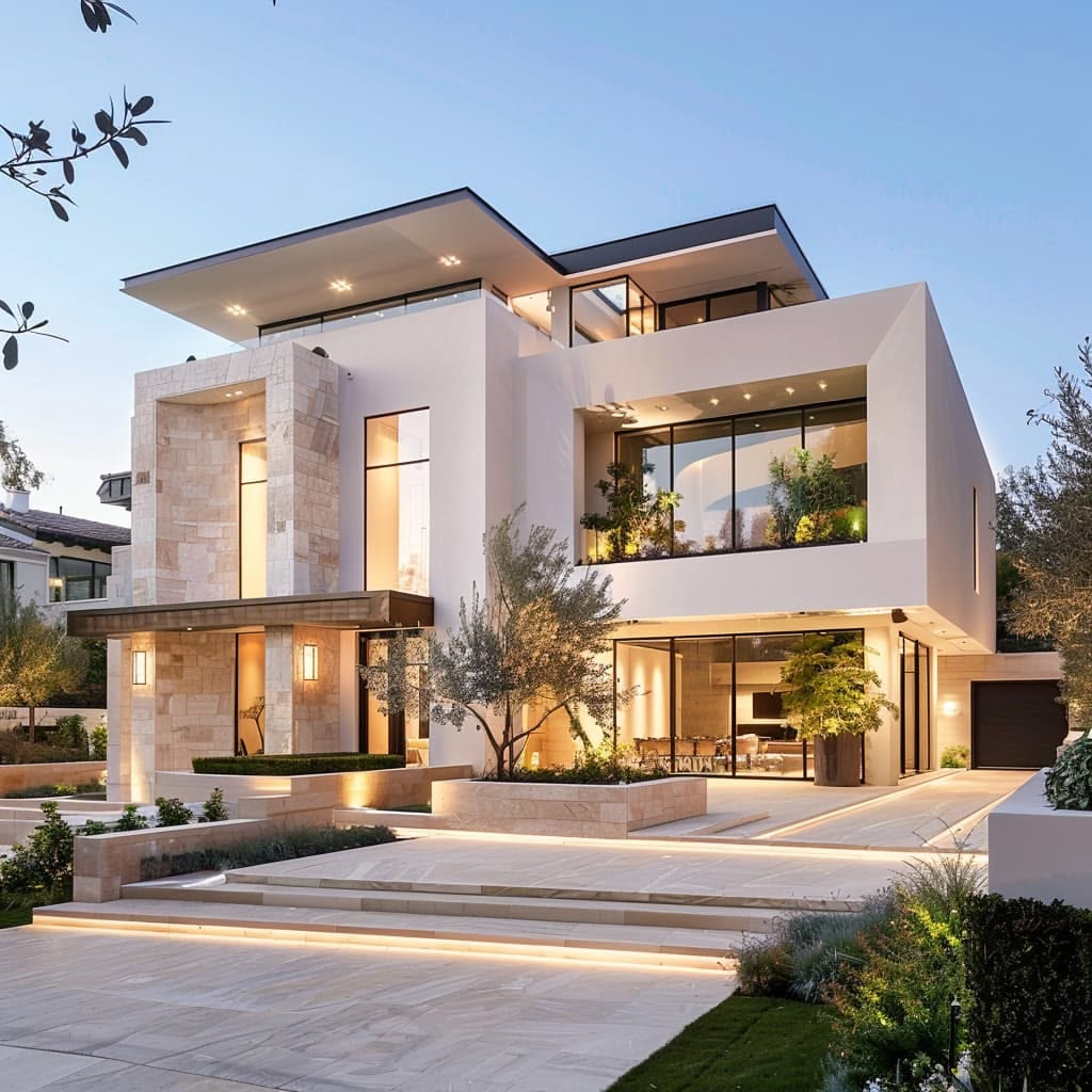 Modern luxury villa lit at dusk with stone facade and landscaped entrance